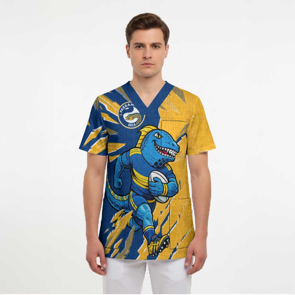 Personalized Parramatta Eels Scrub Top Dynamic Lightning Mascot Rugby Australia