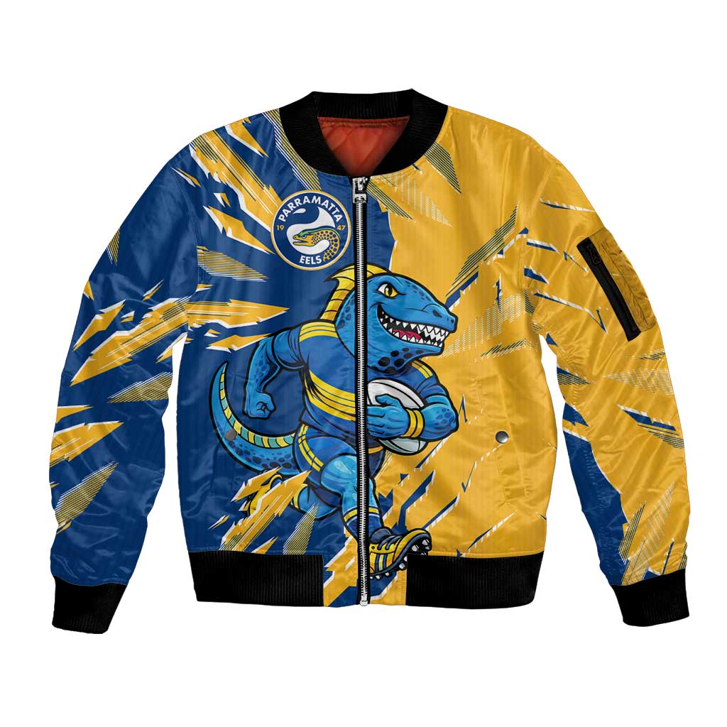 Personalized Parramatta Eels Sleeve Zip Bomber Jacket Dynamic Lightning Mascot Rugby Australia