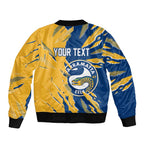 Personalized Parramatta Eels Sleeve Zip Bomber Jacket Dynamic Lightning Mascot Rugby Australia