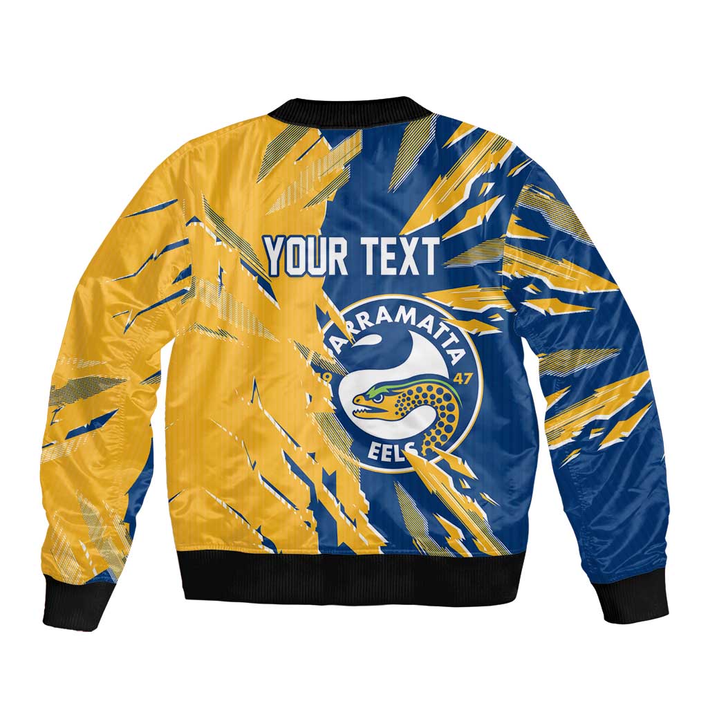 Personalized Parramatta Eels Sleeve Zip Bomber Jacket Dynamic Lightning Mascot Rugby Australia