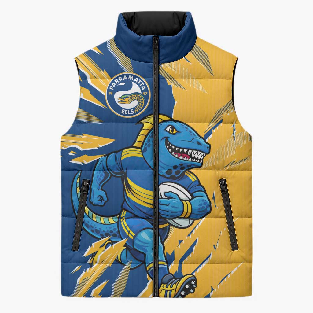 Personalized Parramatta Eels Sleeveless Puffer Jacket Dynamic Lightning Mascot Rugby Australia