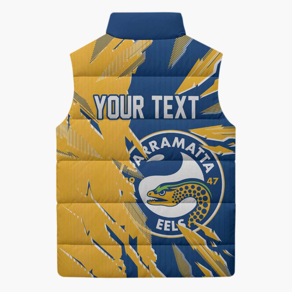 Personalized Parramatta Eels Sleeveless Puffer Jacket Dynamic Lightning Mascot Rugby Australia