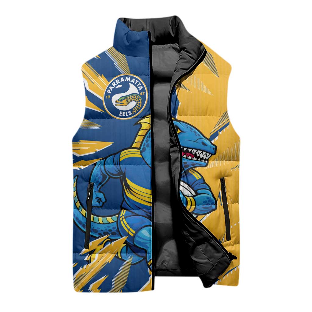 Personalized Parramatta Eels Sleeveless Puffer Jacket Dynamic Lightning Mascot Rugby Australia