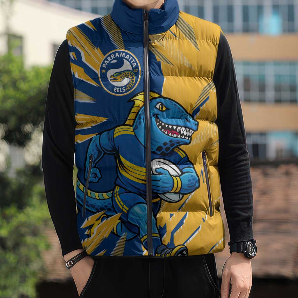 Personalized Parramatta Eels Sleeveless Puffer Jacket Dynamic Lightning Mascot Rugby Australia