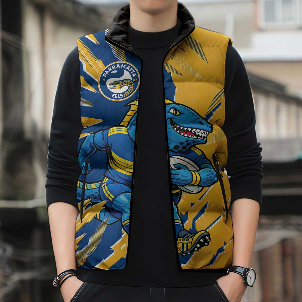 Personalized Parramatta Eels Sleeveless Puffer Jacket Dynamic Lightning Mascot Rugby Australia