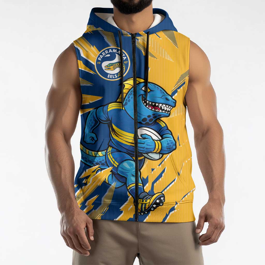 Personalized Parramatta Eels Sleeveless Zip Hoodie Dynamic Lightning Mascot Rugby Australia