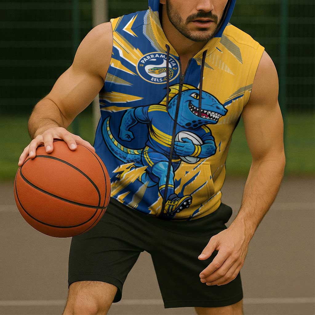 Personalized Parramatta Eels Sleeveless Zip Hoodie Dynamic Lightning Mascot Rugby Australia