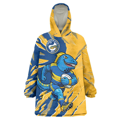 Personalized Parramatta Eels Wearable Blanket Hoodie Dynamic Lightning Mascot Rugby Australia