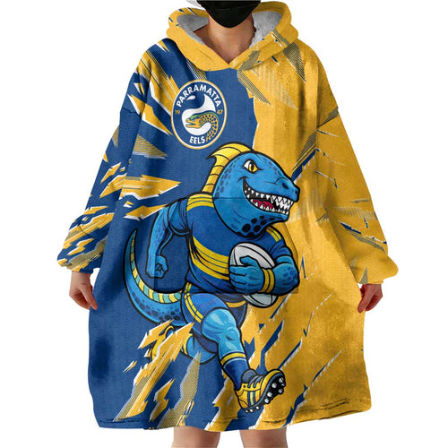Personalized Parramatta Eels Wearable Blanket Hoodie Dynamic Lightning Mascot Rugby Australia