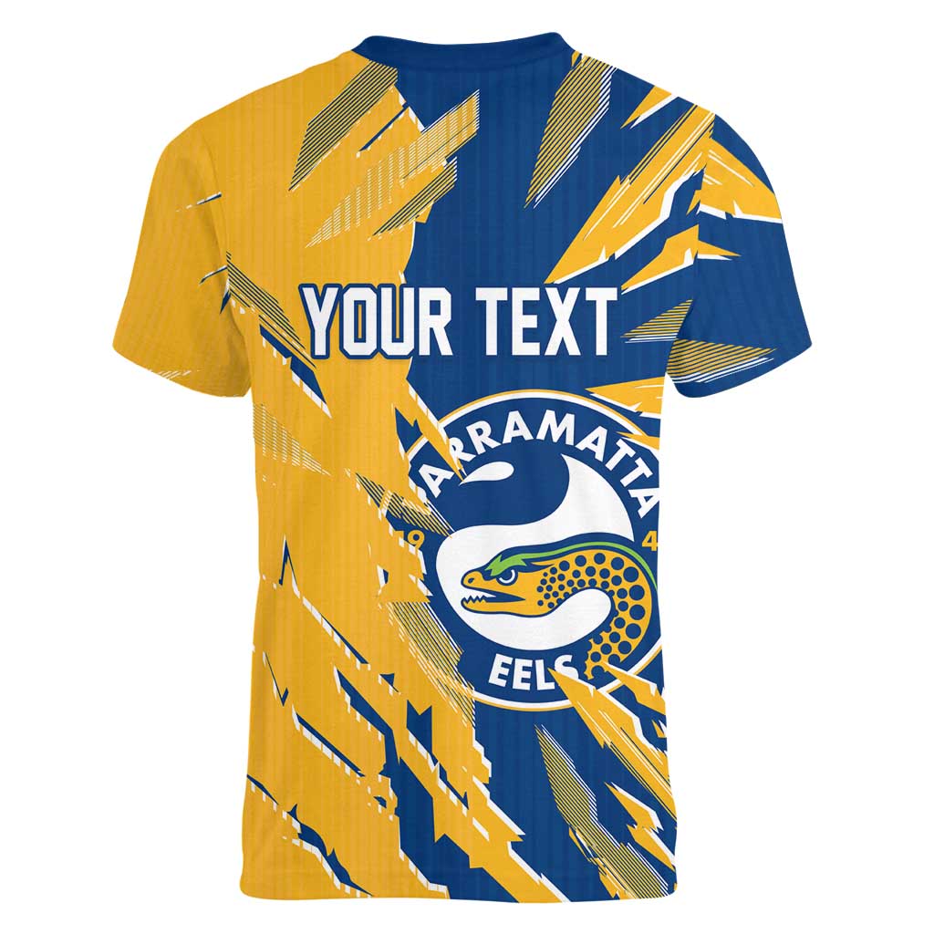 Personalized Parramatta Eels Women V-Neck T-Shirt Dynamic Lightning Mascot Rugby Australia