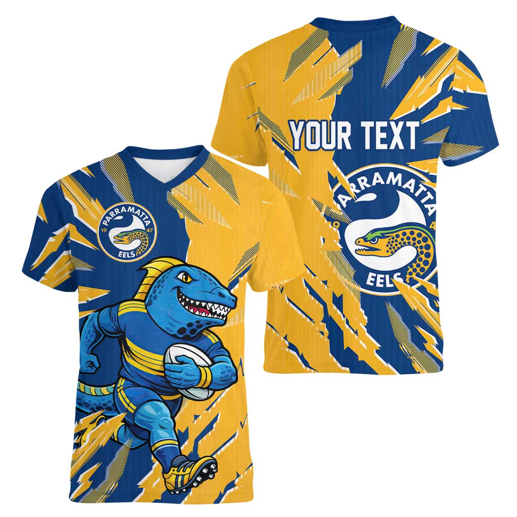 Personalized Parramatta Eels Women V-Neck T-Shirt Dynamic Lightning Mascot Rugby Australia