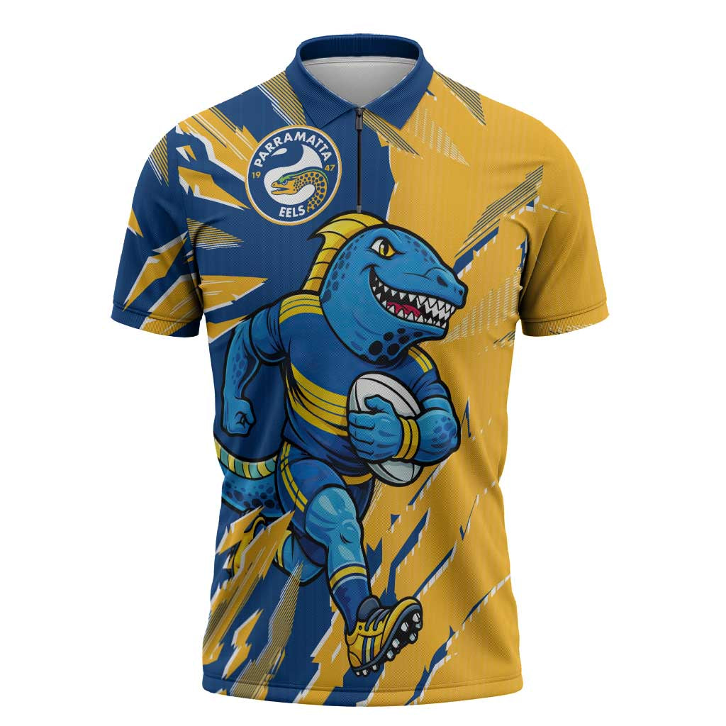 Personalized Parramatta Eels Zipper Polo Shirt Dynamic Lightning Mascot Rugby Australia