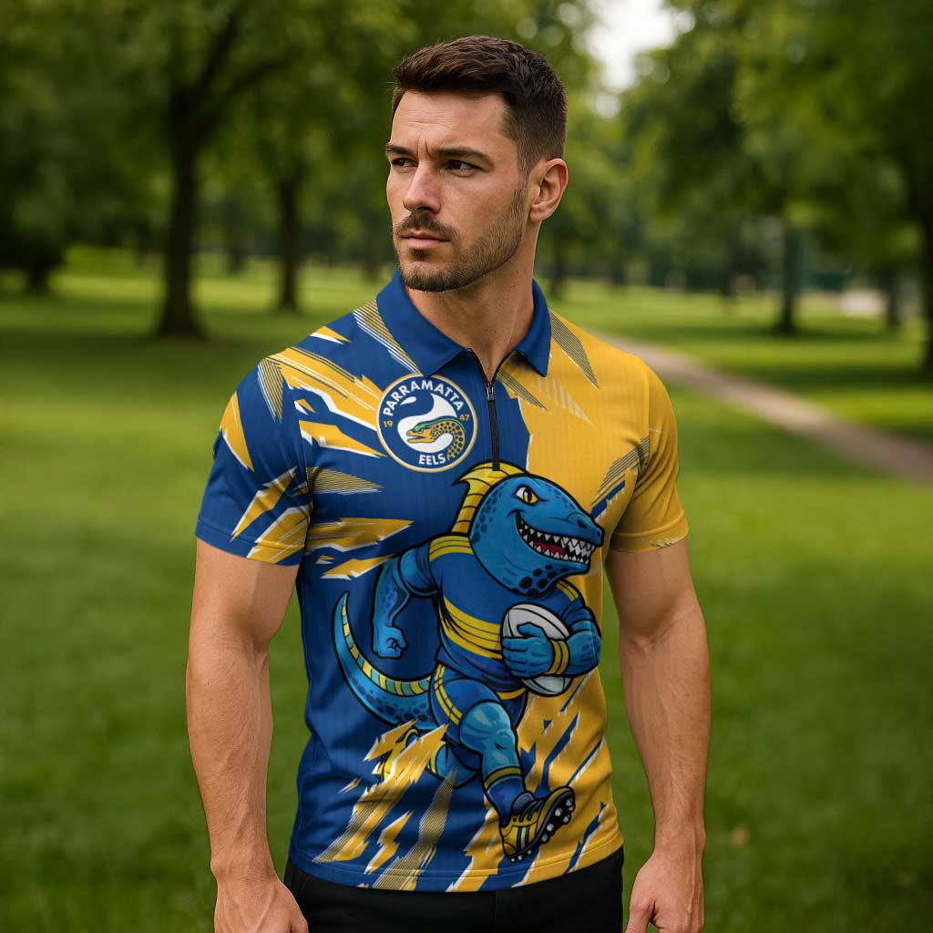 Personalized Parramatta Eels Zipper Polo Shirt Dynamic Lightning Mascot Rugby Australia