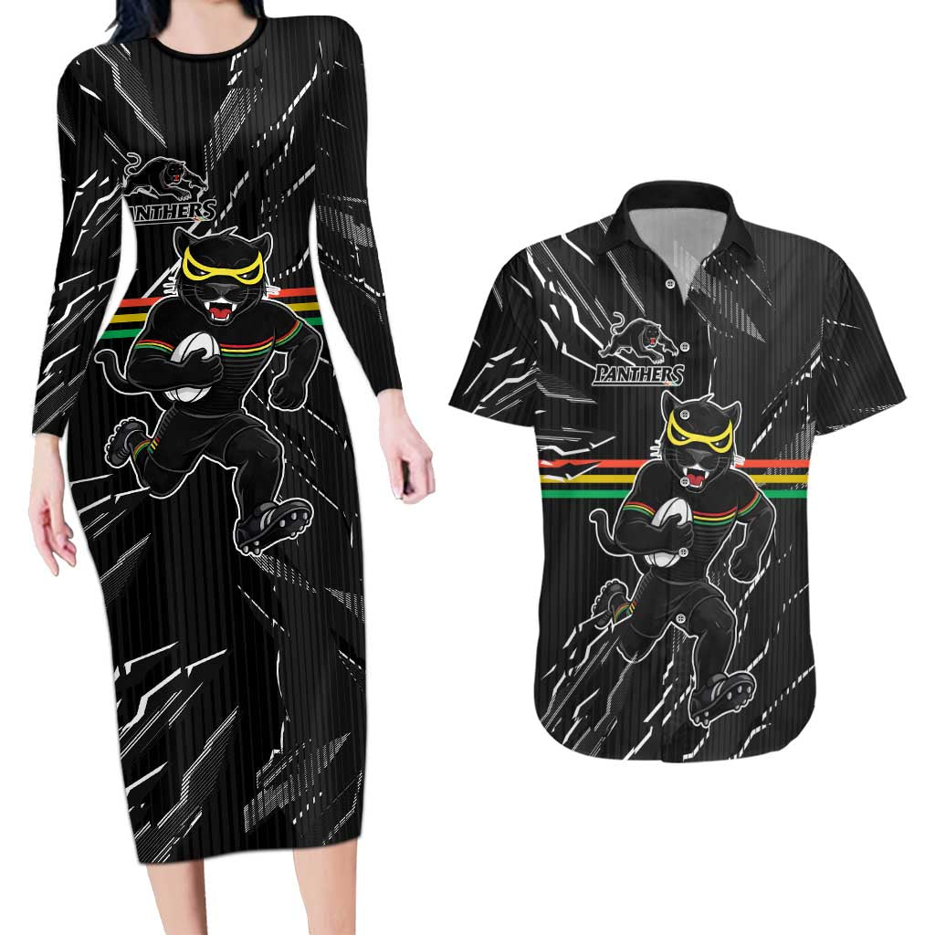 Personalized Penrith Panthers Couples Matching Long Sleeve Bodycon Dress and Hawaiian Shirt Dynamic Lightning Mascot Rugby Australia