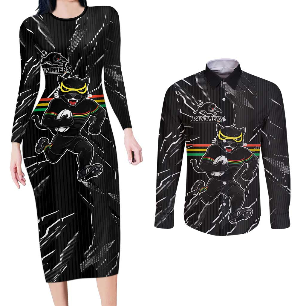 Personalized Penrith Panthers Couples Matching Long Sleeve Bodycon Dress and Long Sleeve Button Shirt Dynamic Lightning Mascot Rugby Australia