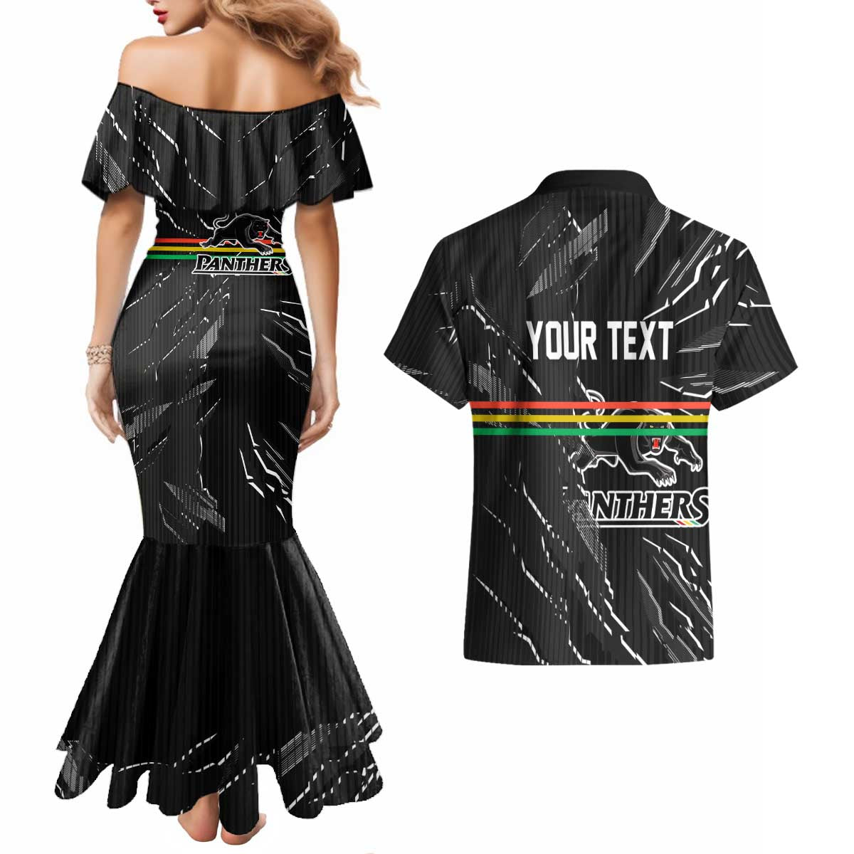 Personalized Penrith Panthers Couples Matching Mermaid Dress and Hawaiian Shirt Dynamic Lightning Mascot Rugby Australia