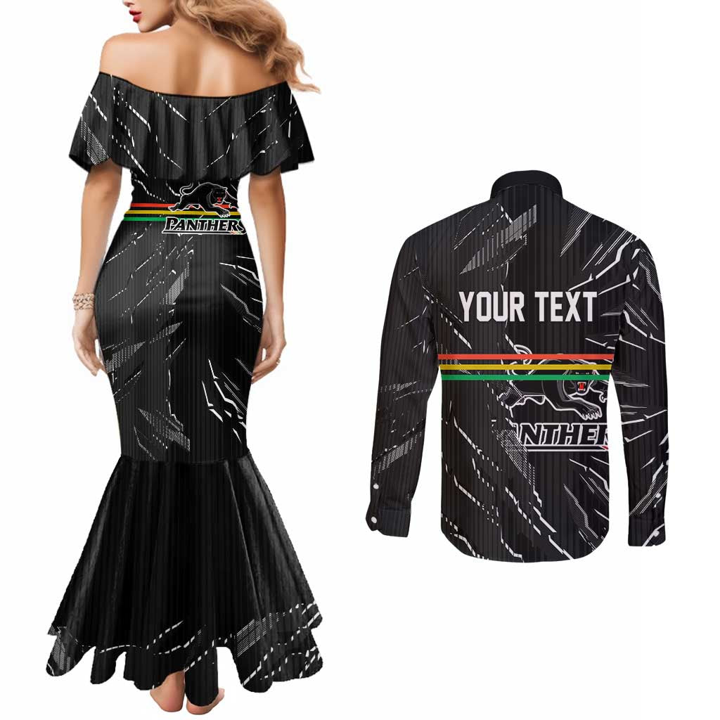 Personalized Penrith Panthers Couples Matching Mermaid Dress and Long Sleeve Button Shirt Dynamic Lightning Mascot Rugby Australia