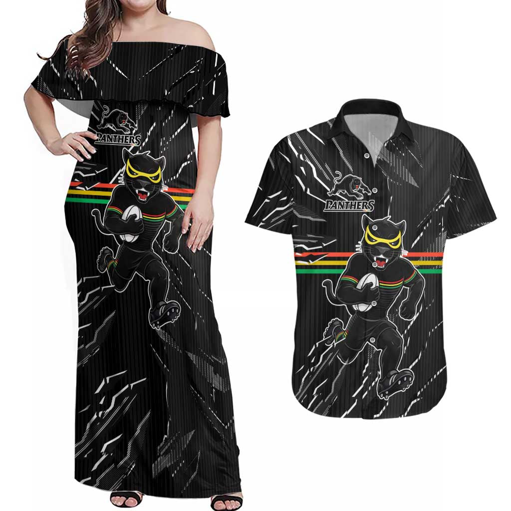 Personalized Penrith Panthers Couples Matching Off Shoulder Maxi Dress and Hawaiian Shirt Dynamic Lightning Mascot Rugby Australia