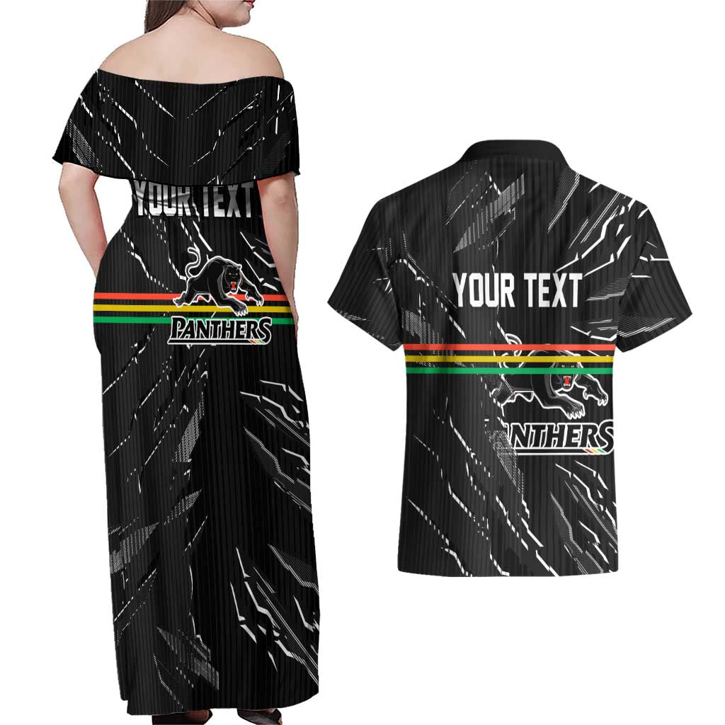 Personalized Penrith Panthers Couples Matching Off Shoulder Maxi Dress and Hawaiian Shirt Dynamic Lightning Mascot Rugby Australia