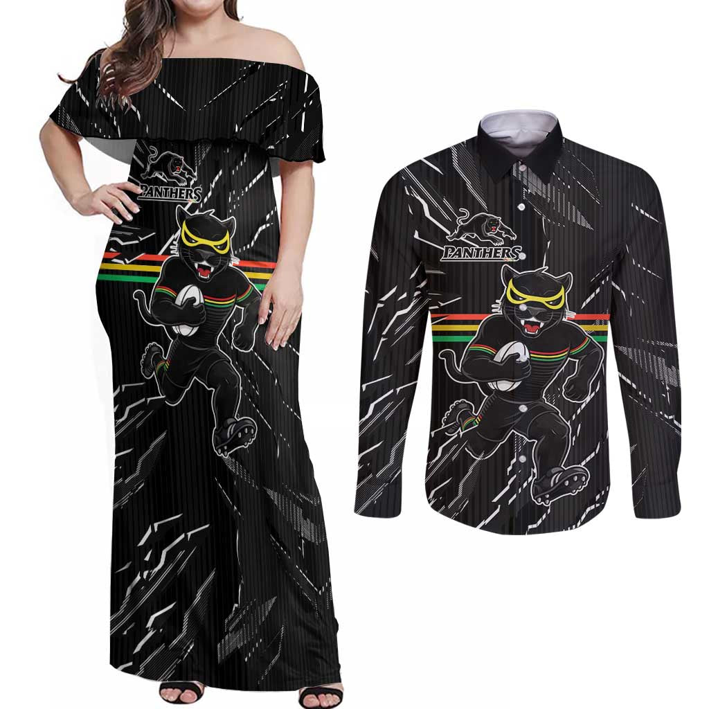 Personalized Penrith Panthers Couples Matching Off Shoulder Maxi Dress and Long Sleeve Button Shirt Dynamic Lightning Mascot Rugby Australia