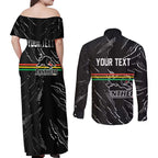 Personalized Penrith Panthers Couples Matching Off Shoulder Maxi Dress and Long Sleeve Button Shirt Dynamic Lightning Mascot Rugby Australia