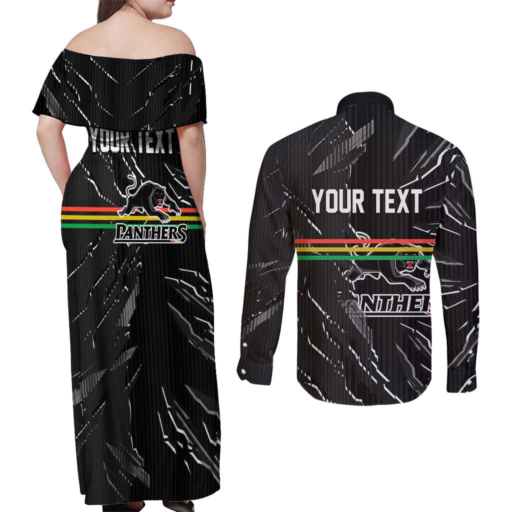 Personalized Penrith Panthers Couples Matching Off Shoulder Maxi Dress and Long Sleeve Button Shirt Dynamic Lightning Mascot Rugby Australia