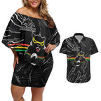 Personalized Penrith Panthers Couples Matching Off Shoulder Short Dress and Hawaiian Shirt Dynamic Lightning Mascot Rugby Australia