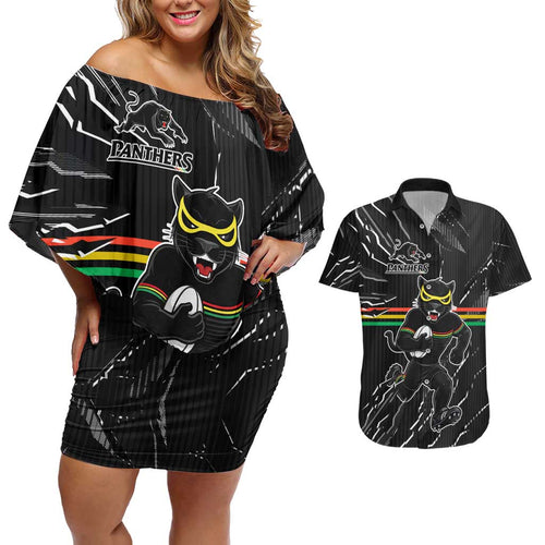 Personalized Penrith Panthers Couples Matching Off Shoulder Short Dress and Hawaiian Shirt Dynamic Lightning Mascot Rugby Australia
