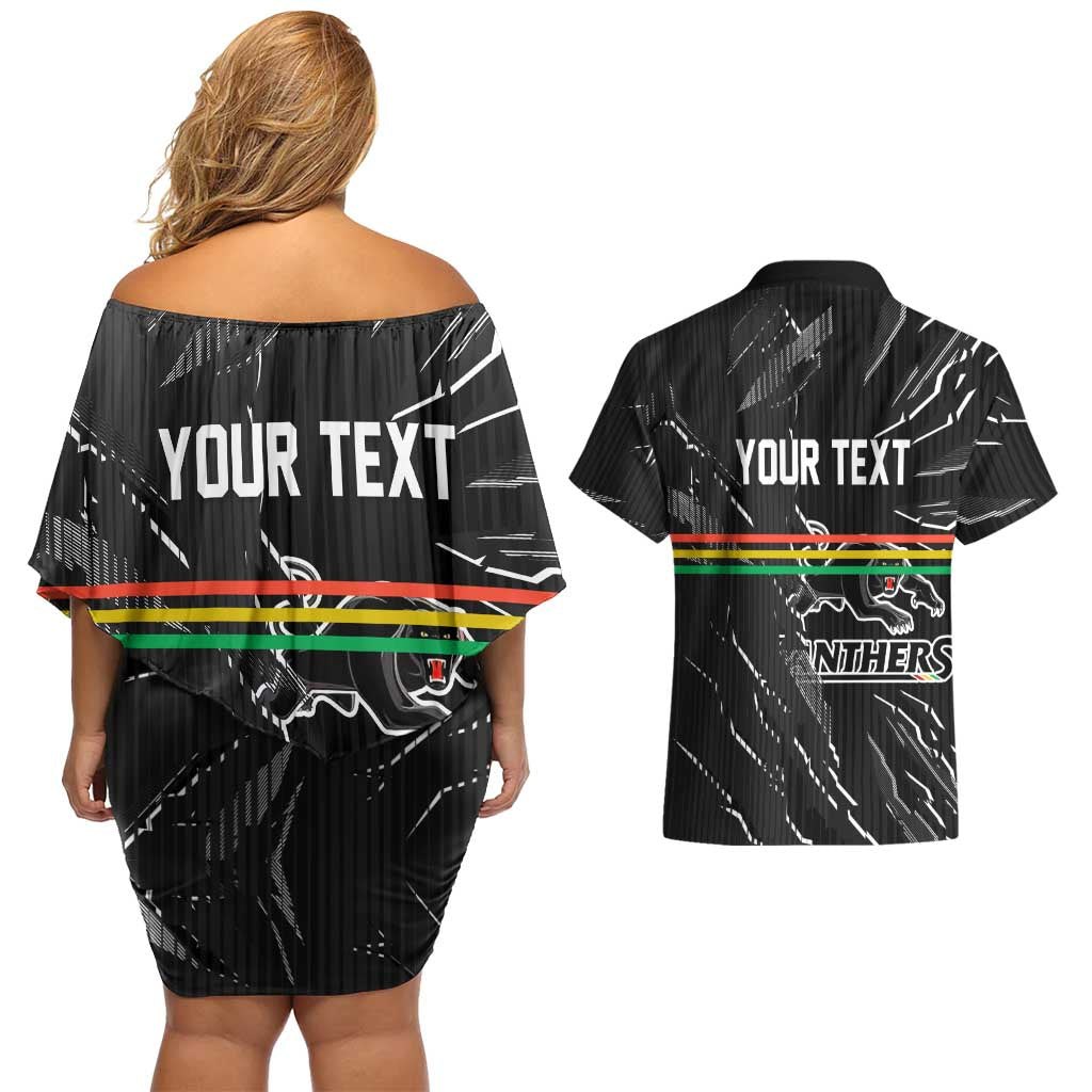 Personalized Penrith Panthers Couples Matching Off Shoulder Short Dress and Hawaiian Shirt Dynamic Lightning Mascot Rugby Australia