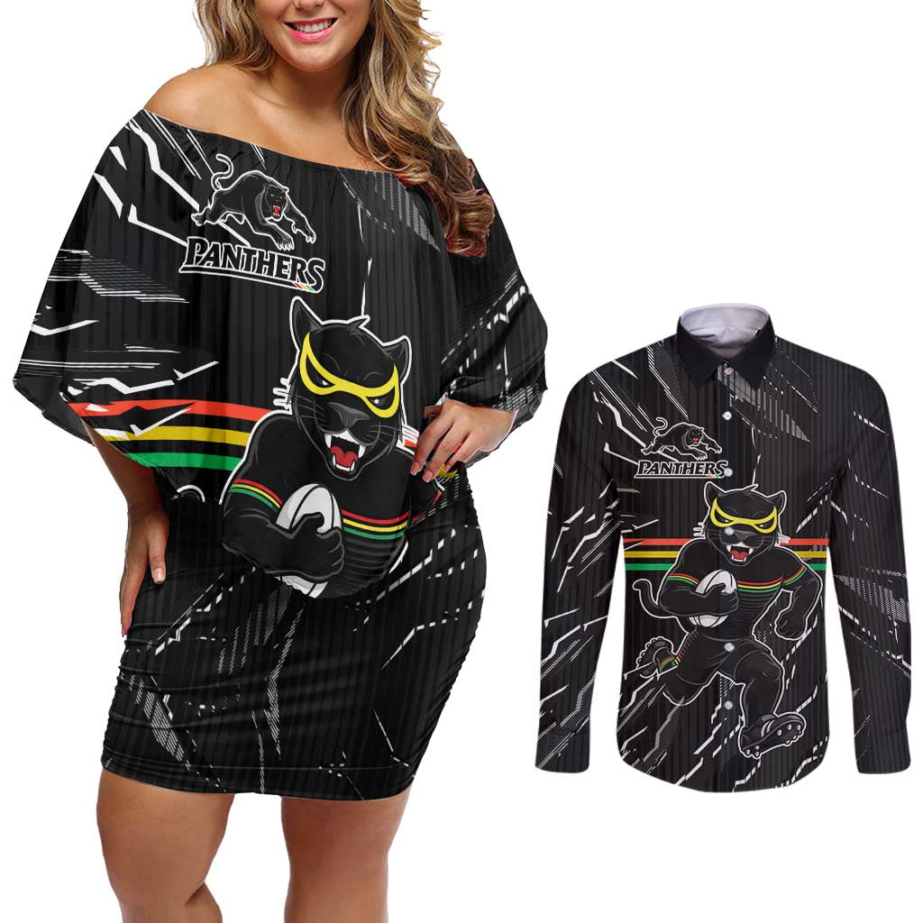 Personalized Penrith Panthers Couples Matching Off Shoulder Short Dress and Long Sleeve Button Shirt Dynamic Lightning Mascot Rugby Australia