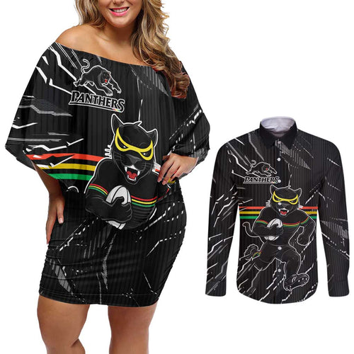 Personalized Penrith Panthers Couples Matching Off Shoulder Short Dress and Long Sleeve Button Shirt Dynamic Lightning Mascot Rugby Australia