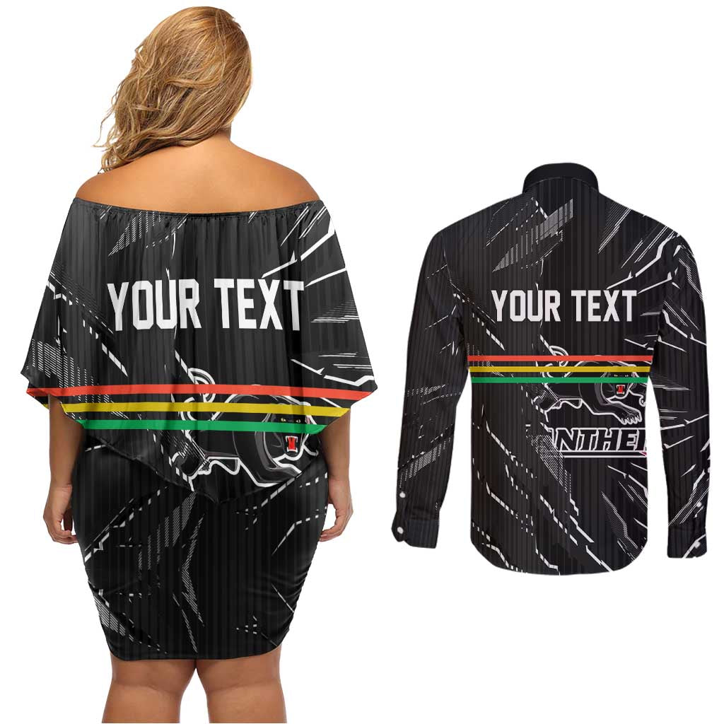 Personalized Penrith Panthers Couples Matching Off Shoulder Short Dress and Long Sleeve Button Shirt Dynamic Lightning Mascot Rugby Australia