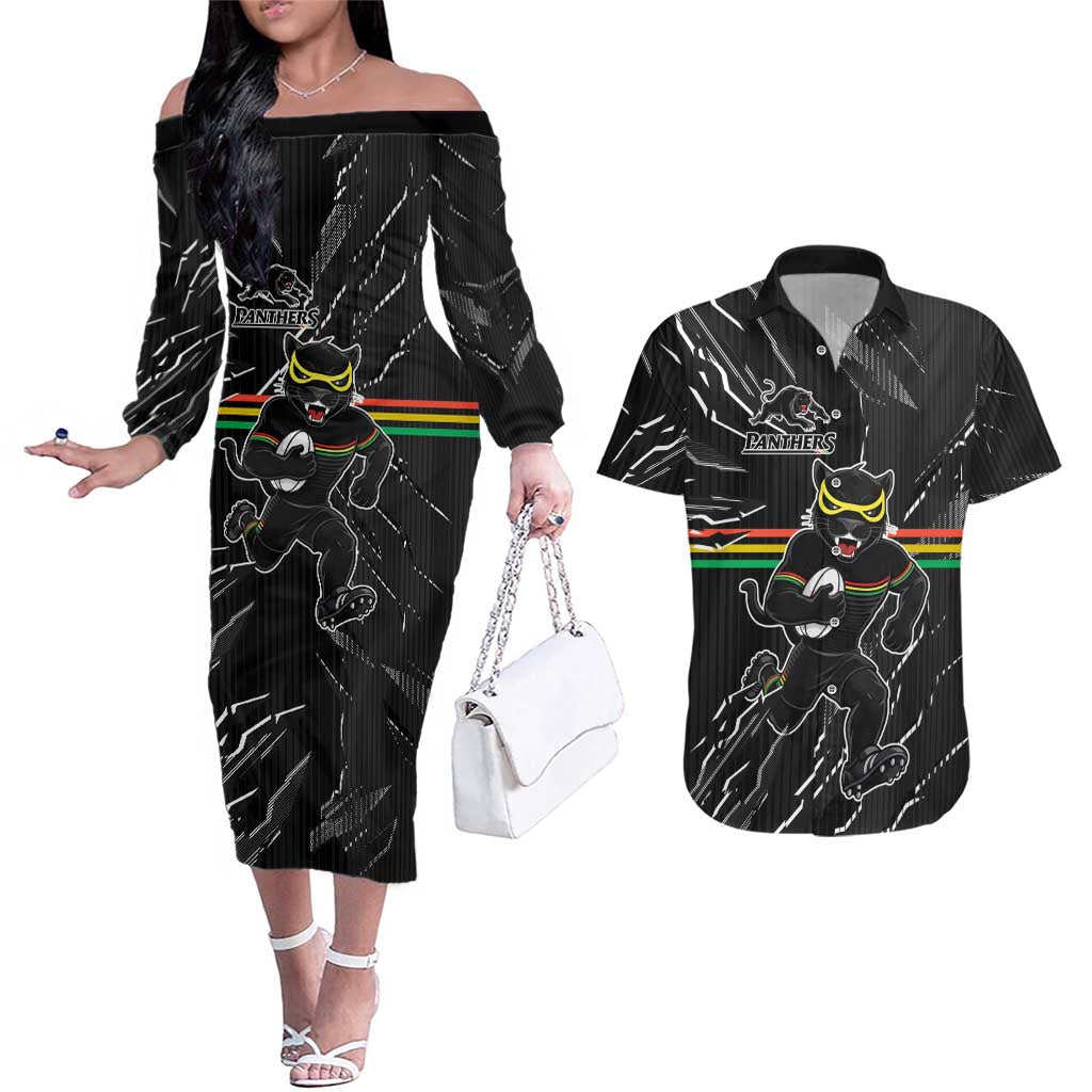 Personalized Penrith Panthers Couples Matching Off The Shoulder Long Sleeve Dress and Hawaiian Shirt Dynamic Lightning Mascot Rugby Australia