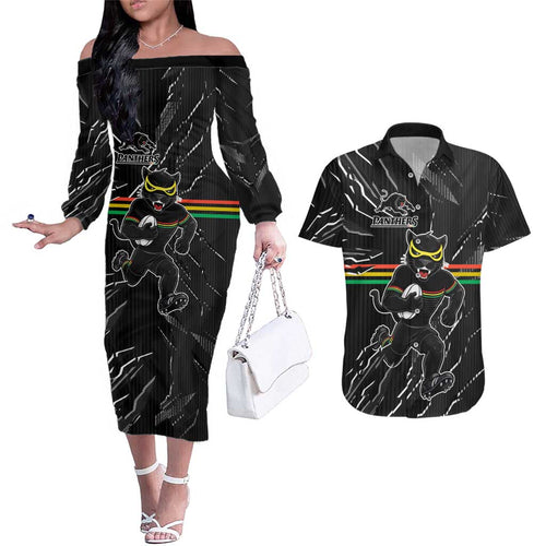 Personalized Penrith Panthers Couples Matching Off The Shoulder Long Sleeve Dress and Hawaiian Shirt Dynamic Lightning Mascot Rugby Australia