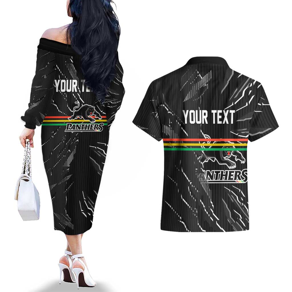 Personalized Penrith Panthers Couples Matching Off The Shoulder Long Sleeve Dress and Hawaiian Shirt Dynamic Lightning Mascot Rugby Australia