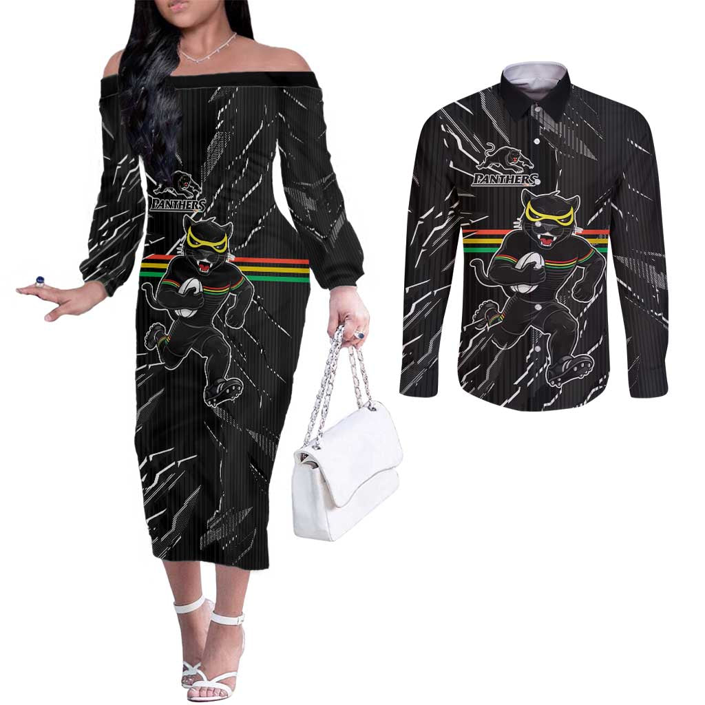 Personalized Penrith Panthers Couples Matching Off The Shoulder Long Sleeve Dress and Long Sleeve Button Shirt Dynamic Lightning Mascot Rugby Australia