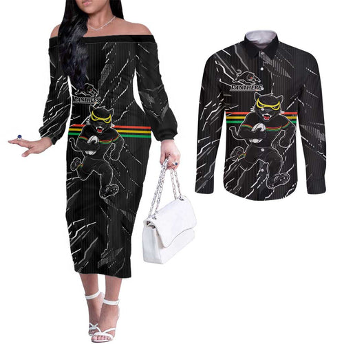 Personalized Penrith Panthers Couples Matching Off The Shoulder Long Sleeve Dress and Long Sleeve Button Shirt Dynamic Lightning Mascot Rugby Australia