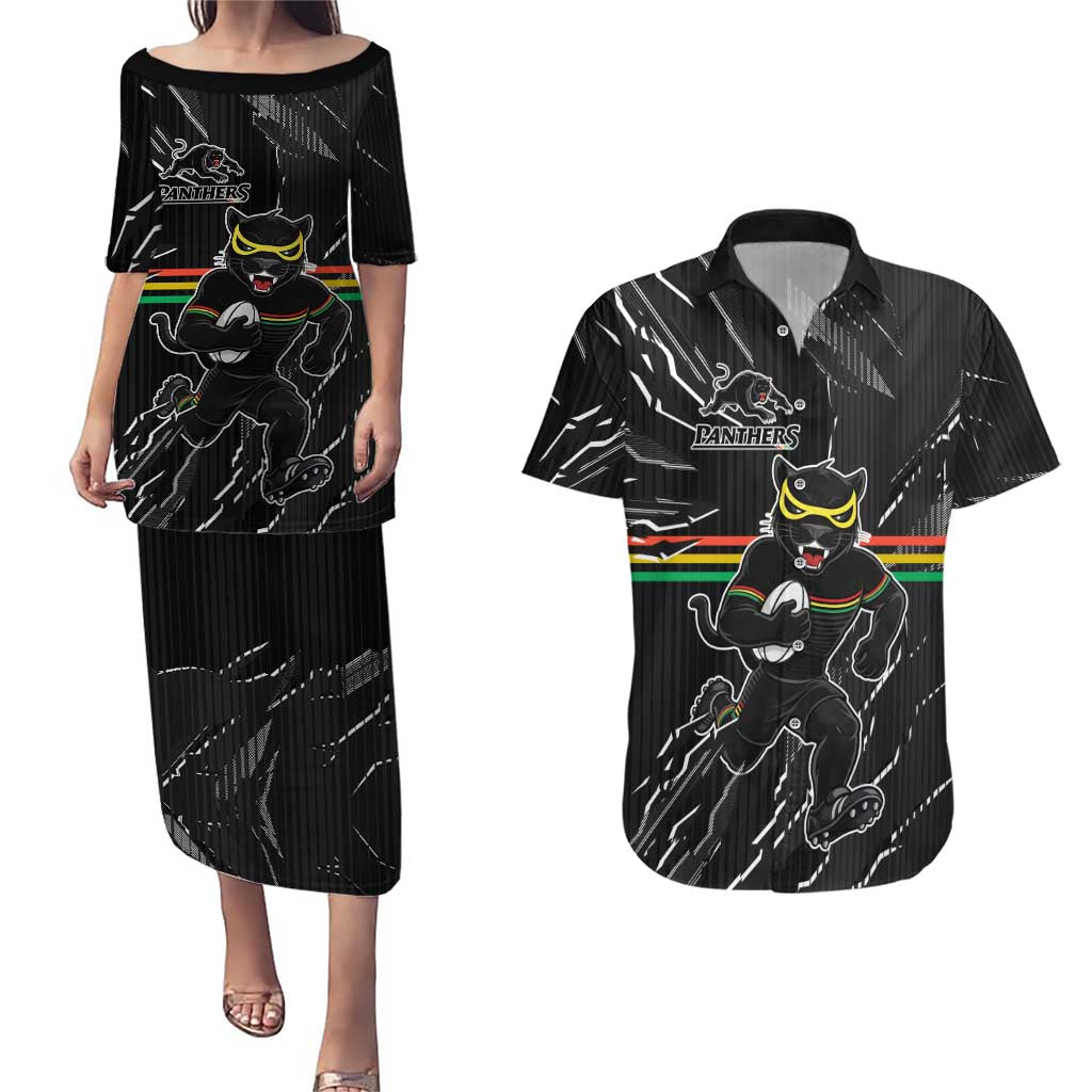 Personalized Penrith Panthers Couples Matching Puletasi and Hawaiian Shirt Dynamic Lightning Mascot Rugby Australia