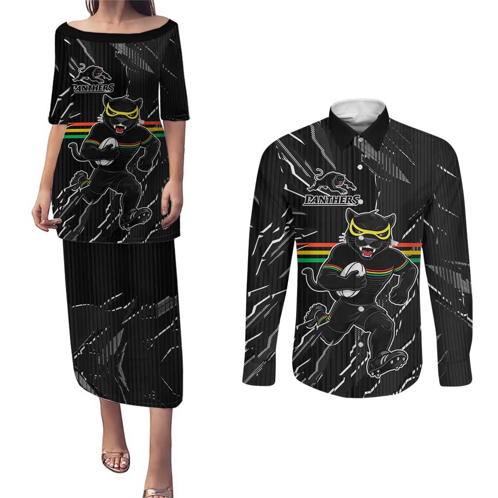 Personalized Penrith Panthers Couples Matching Puletasi and Long Sleeve Button Shirt Dynamic Lightning Mascot Rugby Australia