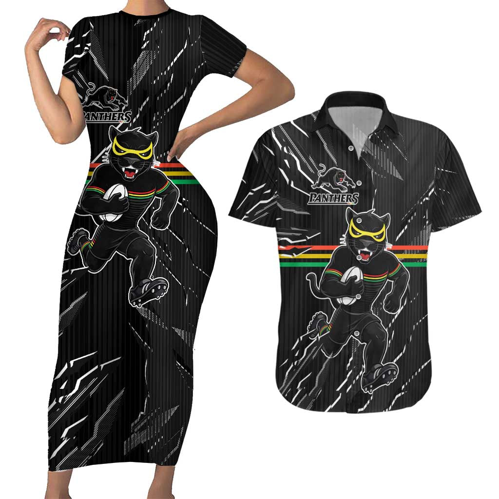 Personalized Penrith Panthers Couples Matching Short Sleeve Bodycon Dress and Hawaiian Shirt Dynamic Lightning Mascot Rugby Australia