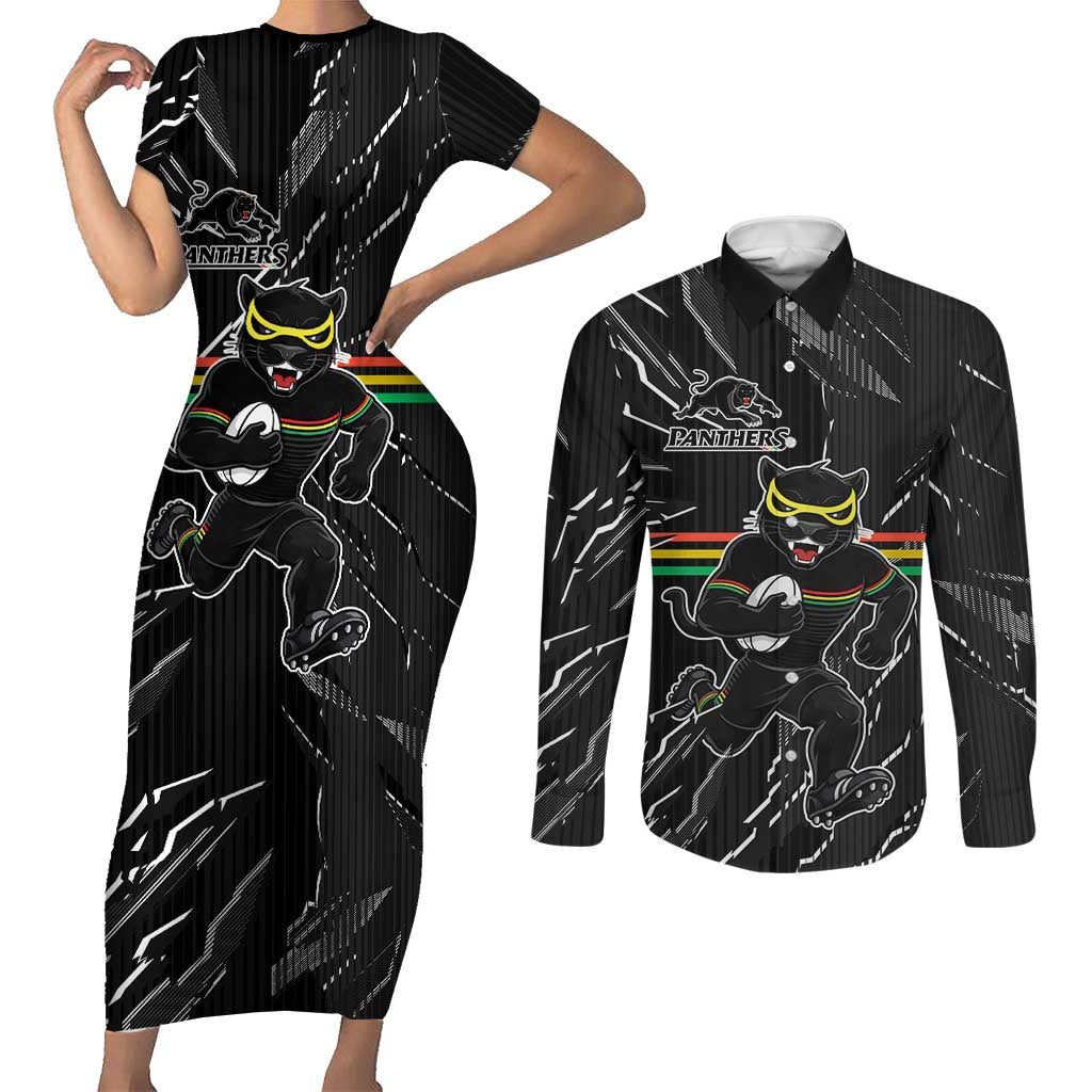 Personalized Penrith Panthers Couples Matching Short Sleeve Bodycon Dress and Long Sleeve Button Shirt Dynamic Lightning Mascot Rugby Australia