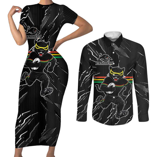 Personalized Penrith Panthers Couples Matching Short Sleeve Bodycon Dress and Long Sleeve Button Shirt Dynamic Lightning Mascot Rugby Australia