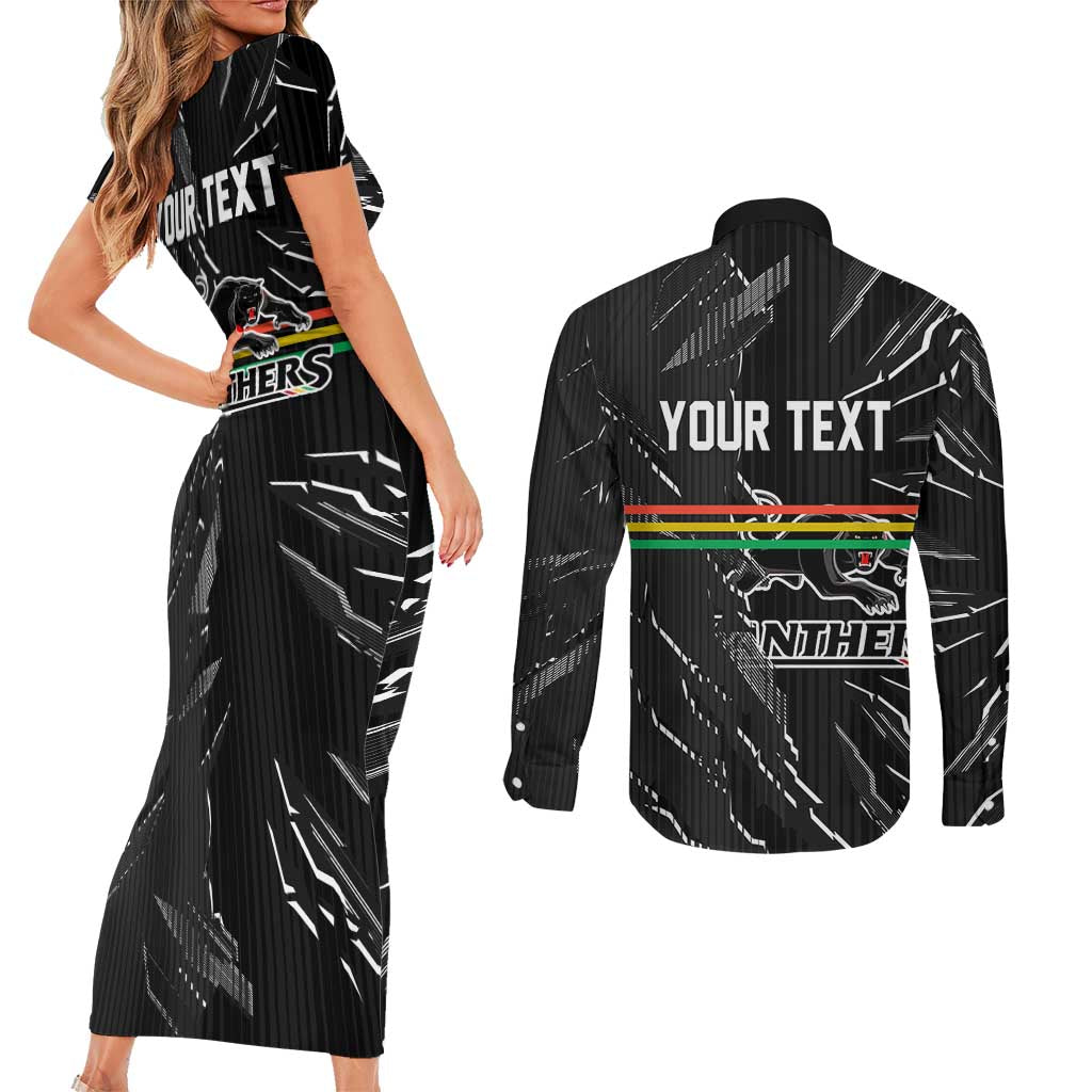 Personalized Penrith Panthers Couples Matching Short Sleeve Bodycon Dress and Long Sleeve Button Shirt Dynamic Lightning Mascot Rugby Australia