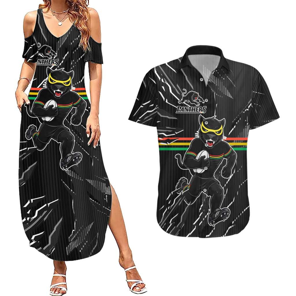 Personalized Penrith Panthers Couples Matching Summer Maxi Dress and Hawaiian Shirt Dynamic Lightning Mascot Rugby Australia