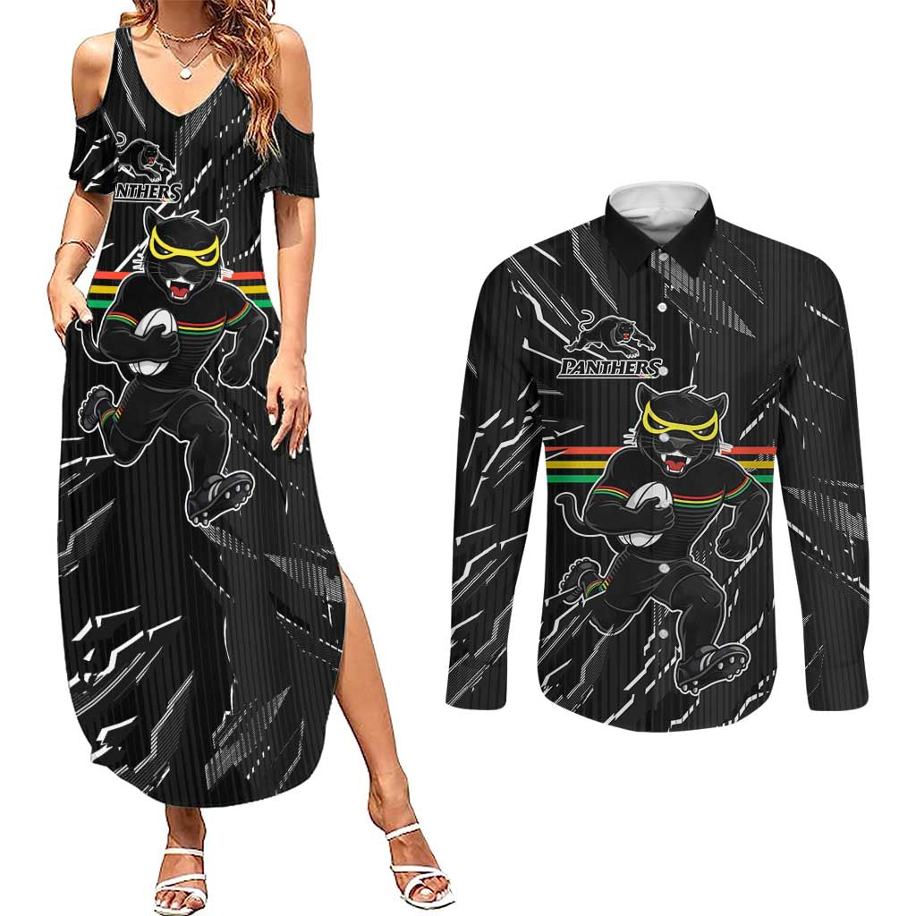 Personalized Penrith Panthers Couples Matching Summer Maxi Dress and Long Sleeve Button Shirt Dynamic Lightning Mascot Rugby Australia