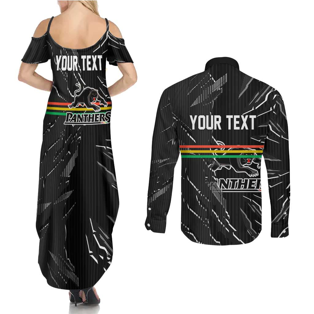 Personalized Penrith Panthers Couples Matching Summer Maxi Dress and Long Sleeve Button Shirt Dynamic Lightning Mascot Rugby Australia