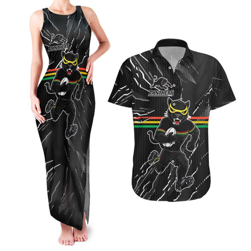 Personalized Penrith Panthers Couples Matching Tank Maxi Dress and Hawaiian Shirt Dynamic Lightning Mascot Rugby Australia