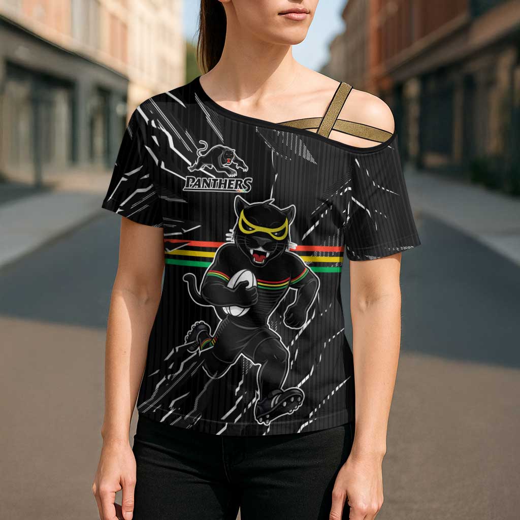 Personalized Penrith Panthers Cross Shoulder Shirt Dynamic Lightning Mascot Rugby Australia