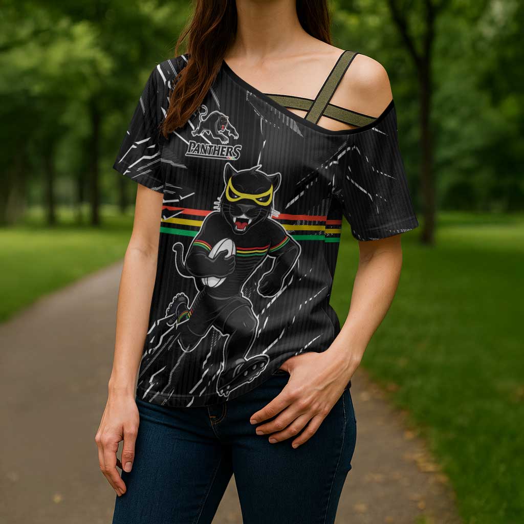Personalized Penrith Panthers Cross Shoulder Shirt Dynamic Lightning Mascot Rugby Australia