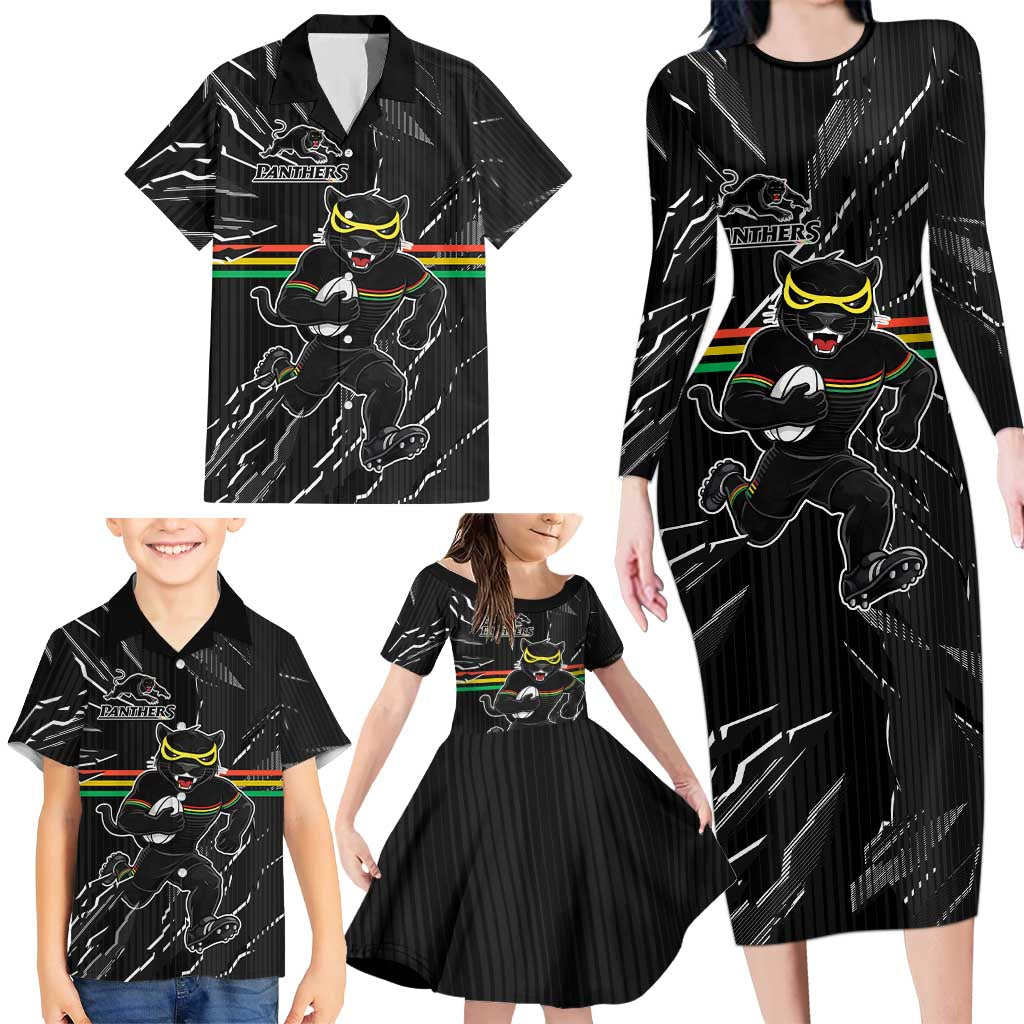 Personalized Penrith Panthers Family Matching Long Sleeve Bodycon Dress and Hawaiian Shirt Dynamic Lightning Mascot Rugby Australia